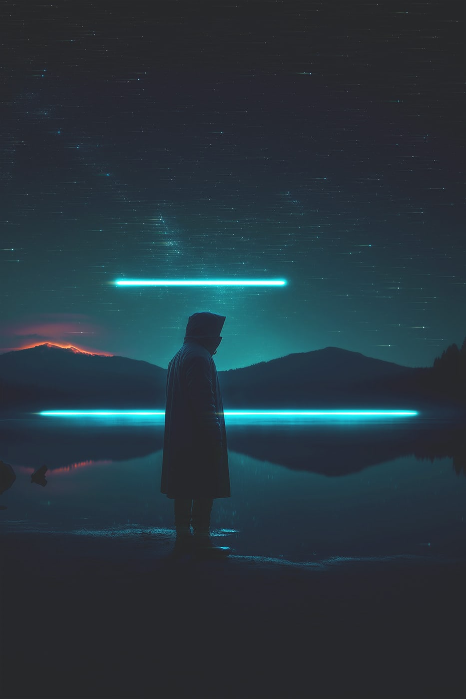 A mysterious hooded person at a quiet like at night. The stars shine bright at the blue night sky. An ethereal, minimalist new media AI artwork on the beauty and magic of solitude, inspired by the cinematic look of Blade Runner 2049. | Wall Art