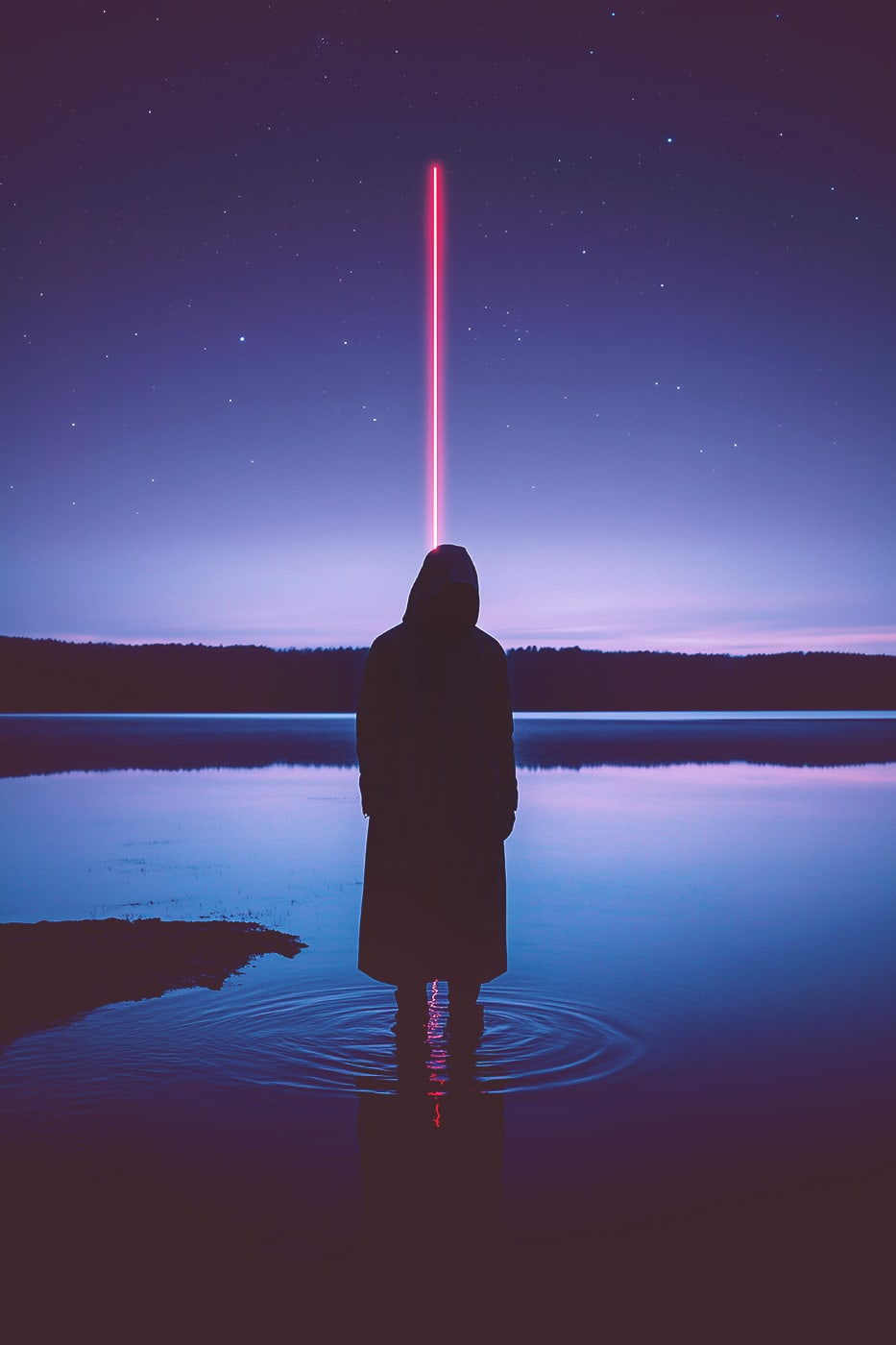 A mysterious hooded person standing in a lake at dawn, followed by a mysterious red neon light. An ethereal, minimalist new media AI artwork on the beauty and magic of solitude and nostalgia. | Wall Art