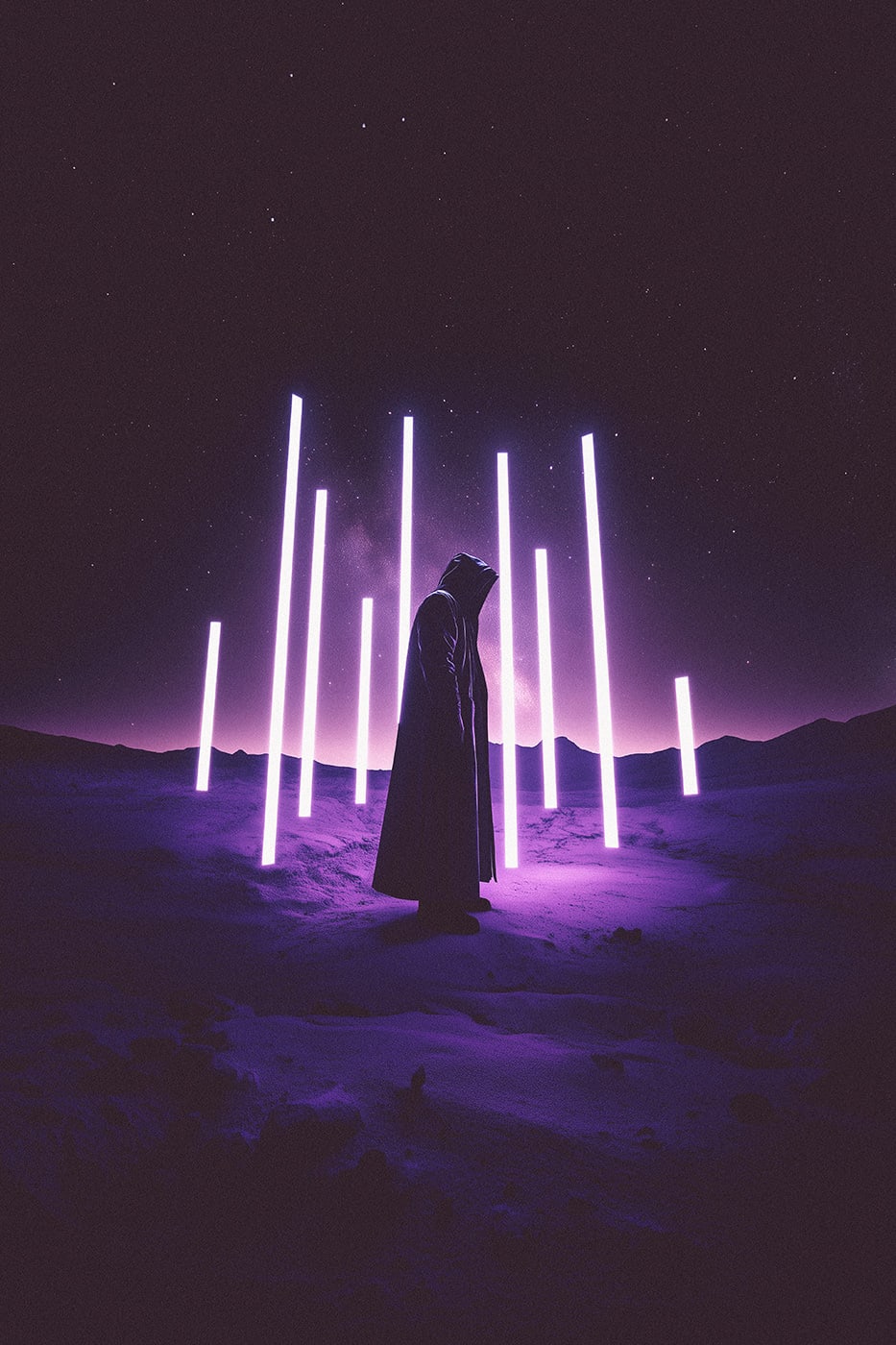 A mysterious hooded person in a snowy winter landscape all alone at night, surrounded by surrealistic light strips emitting a mysterious violet light mood. An ethereal, minimalist new media AI artwork on the beauty and magic of solitude. | Wall Art