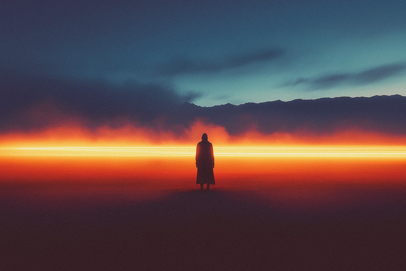 A mysterious hooded person in a deserted landscape by himself, standing in awe in front of a bright, warm beam of light, contemplating about life. An ethereal, minimalist new media AI artwork on the beauty and magic of solitude and our role in cosmos. | Wall Art