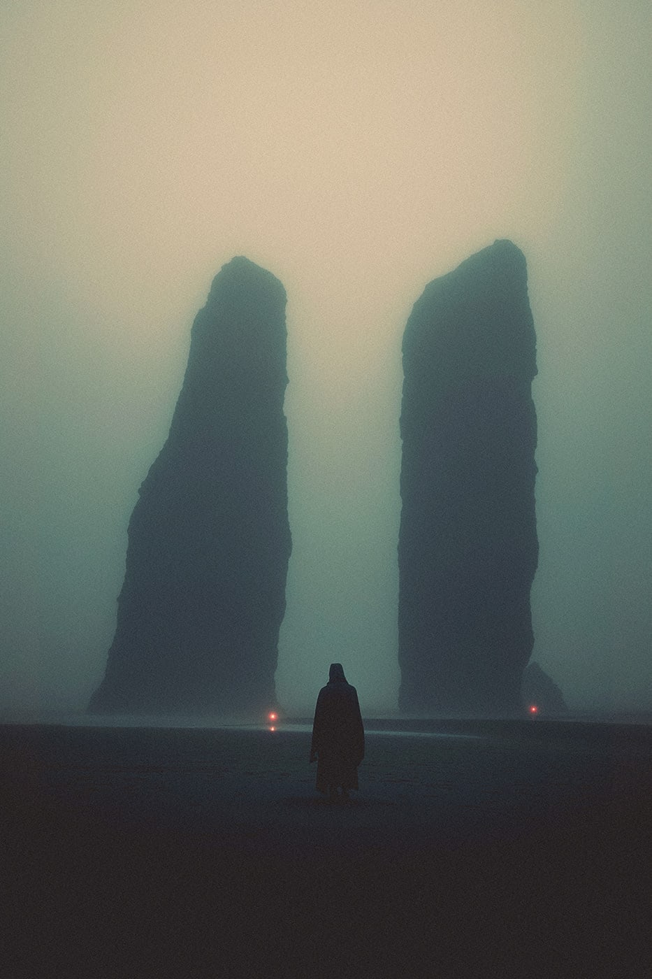 A mysterious hooded person in an empty, foggy beach landscape, walking towards huge, monolithic stone cliff structures at the shores. An ethereal, minimalist new media AI artwork on the beauty and magic of solitude. | Wall Art