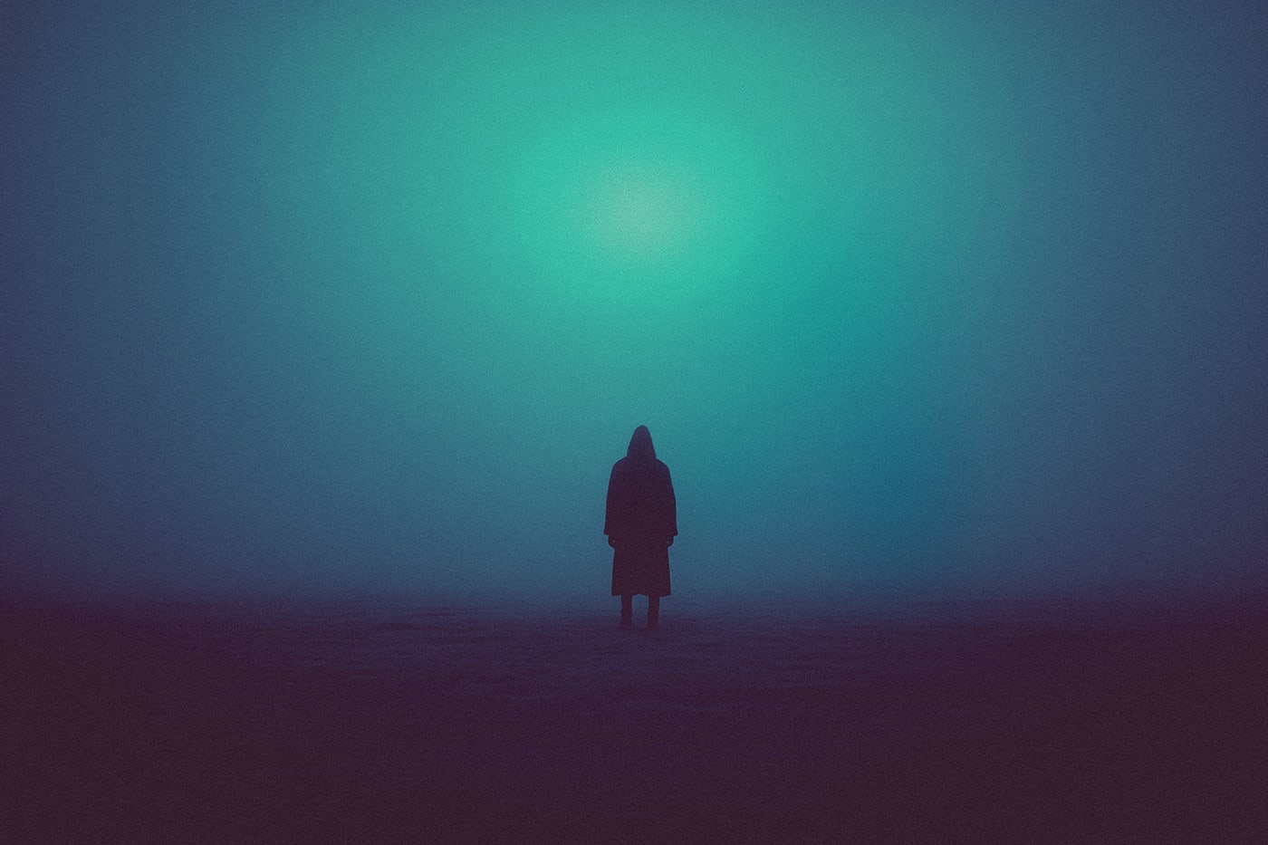 A mysterious hooded person in a vast, empty landscape, surrounded by a never-ending wall of fog. An ethereal, minimalist new media AI artwork on the beauty of loneliness. | Wall Art