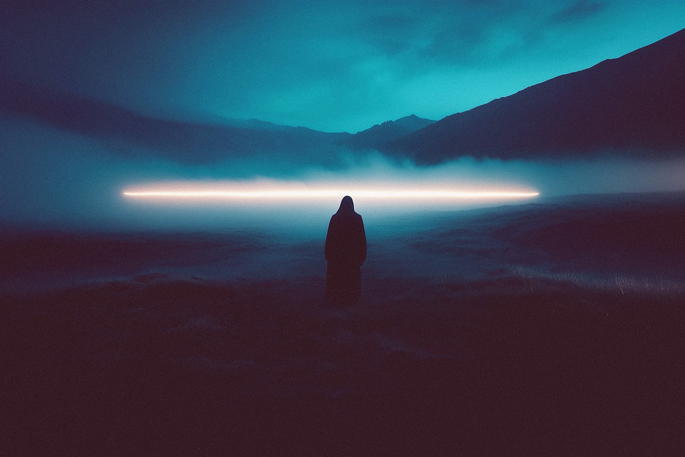 A mysterious hooded person in a nightly mountain landscape, dense fog above the ground. The sky shines blue, right before sunrise. | Wall Art