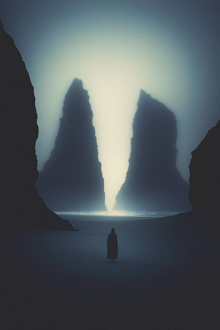 A mysterious hooded person at an unknown shore, the beach cloaked in dense fog, cliff rocks reaching into the sky. | Wall Art