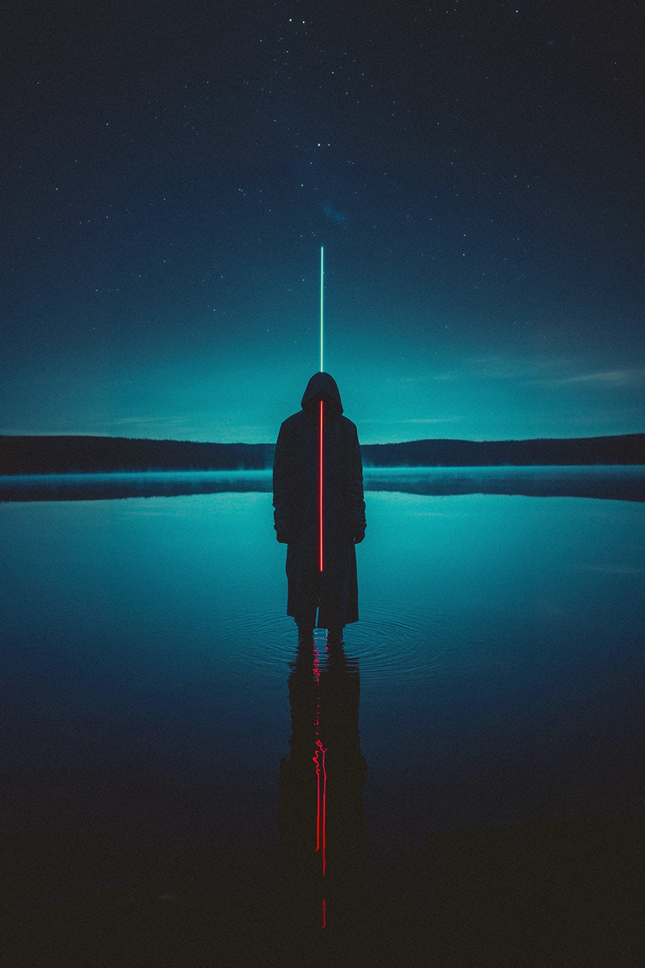 A mysterious hooded person standing in a quiet lake at night. The stars shine bright at the blue-turquoise sky. A star beam breaks right through the ominous character. | Wall Art