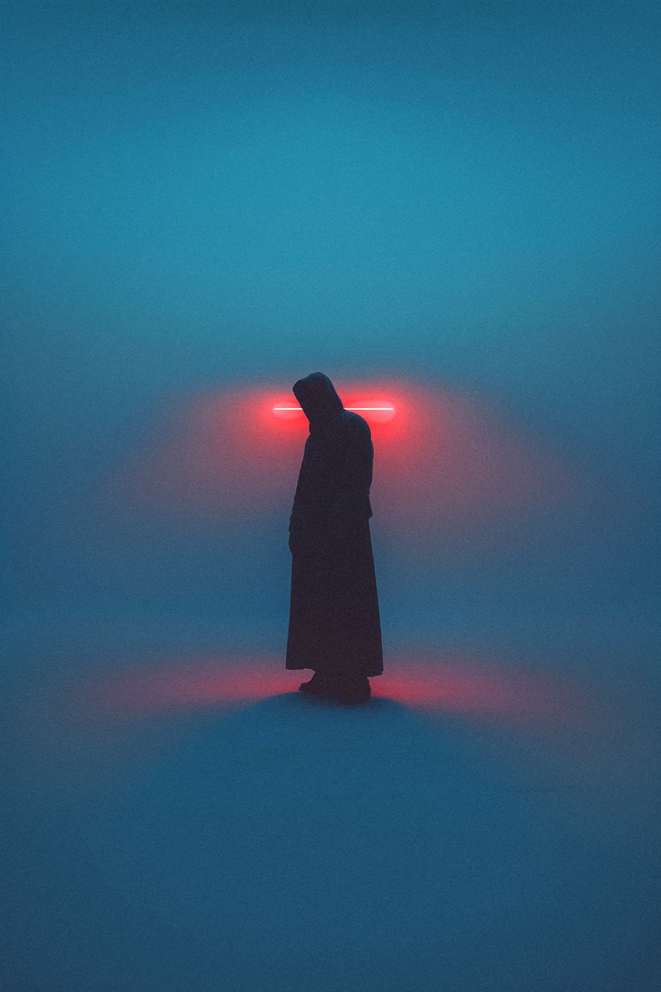 A mysterious hooded person in an empty space, viewed from a dynamic frog perspective. The scene is lit with bright blue-red neon lights. | Wall Art