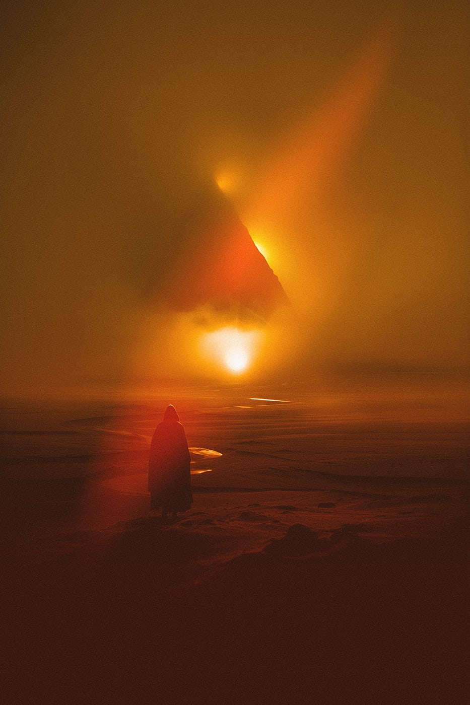 A mysterious hooded wanderer in a dark desert by himself, approaching a mysterious pyramid behind a wall of fog after a long journey. A warm orange light shines bright into the darkness. | Wall Art