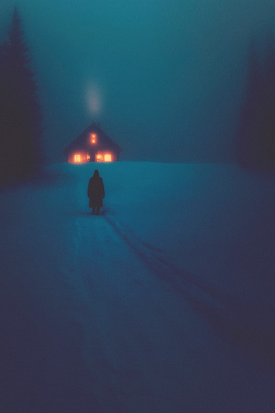 A mysterious person in a winter mountain landscape at night, wandering through tall snow in the darkness, approaching a small hut. Its warm, orange light breaks through the cold dark blue of the environment. | Wall Art