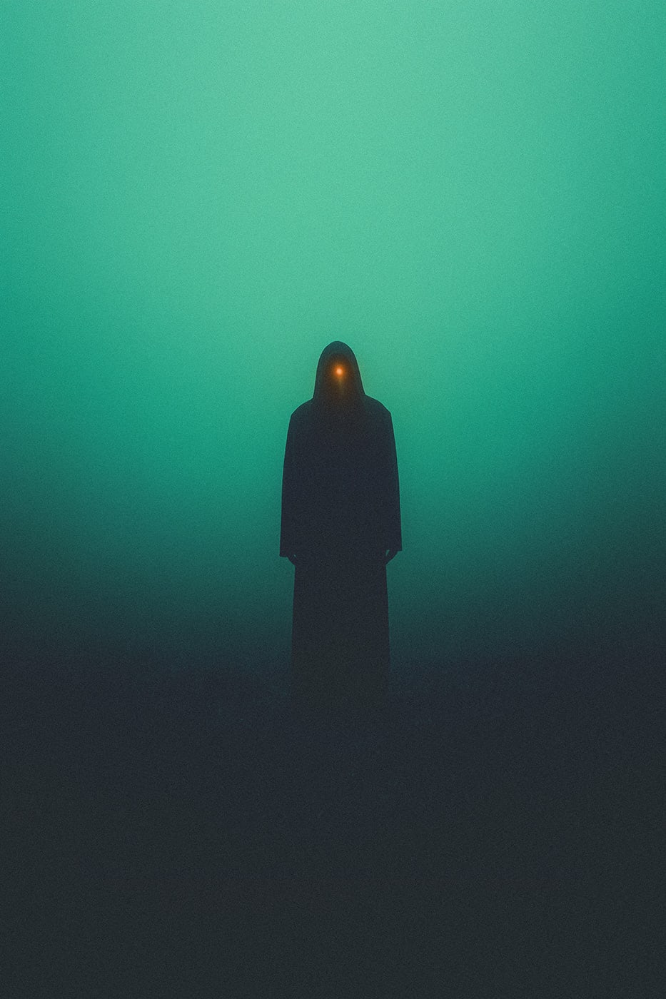 A mysterious person in a long robe, appearing from out of thick fog. From where his face should be a warm light shines through the fog, leading the way through darkness. | Wall Art