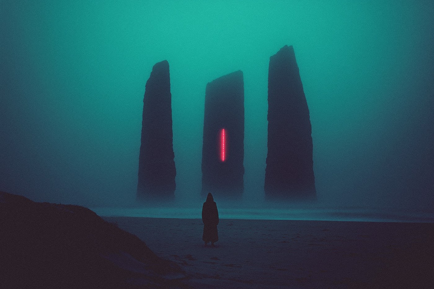 A mysterious person in a long robe, standing quietly on the shore of a dark, foggy beach. In the mist ominous cliffs rise up into the evening sky, one of them engraved with neon red shiny letters in a foreign language. | Wall Art