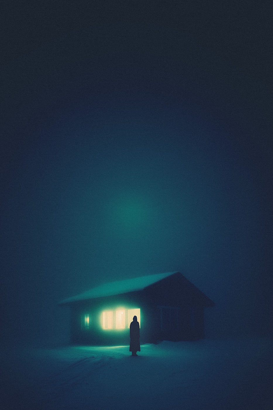 A mysterious person in a long coat, standing quietly in a dark winter snow landscape, in front of a lonely hut in the mountains, a warm light shining from inside. | Wall Art