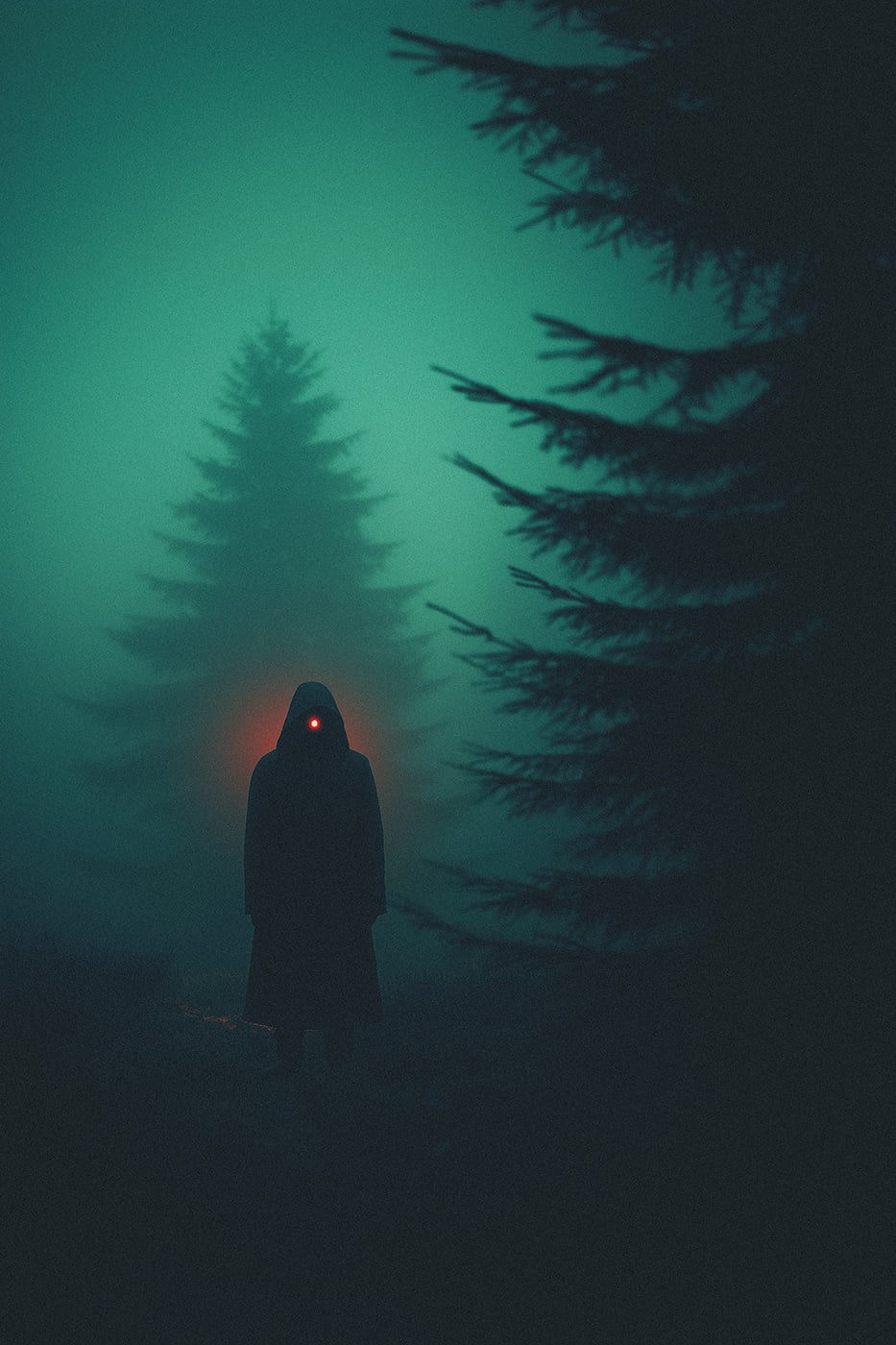 A mysterious hooded person in a long coat wandering alone through a dark, misty forest in a gloomy turquoise light. From where the face should be an eerie red light is leading the way. | Wall Art