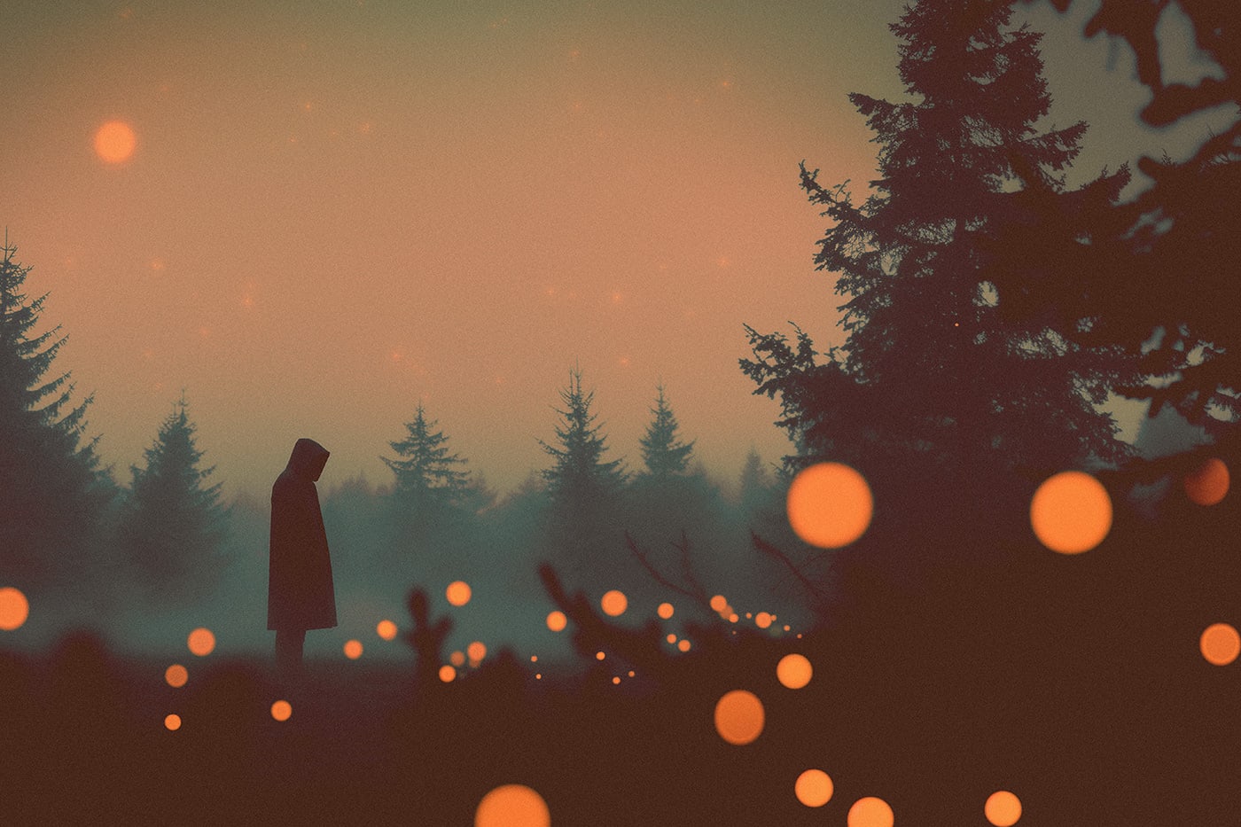 A mysterious hooded person in a long coat standing quietly in a dark, misty forest, surrounded by warm sprinkle lights that resemble fireflies. | Wall Art