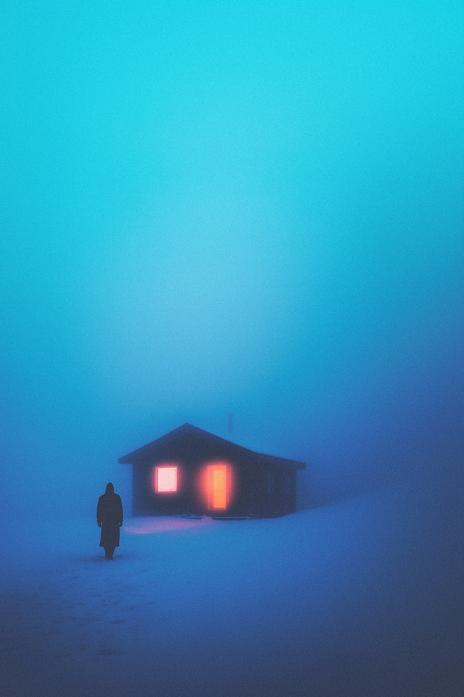 A mysterious figure in a long robe wandering in a snowy mountain landscape, towards a brightly lit small cabin. | Wall Art