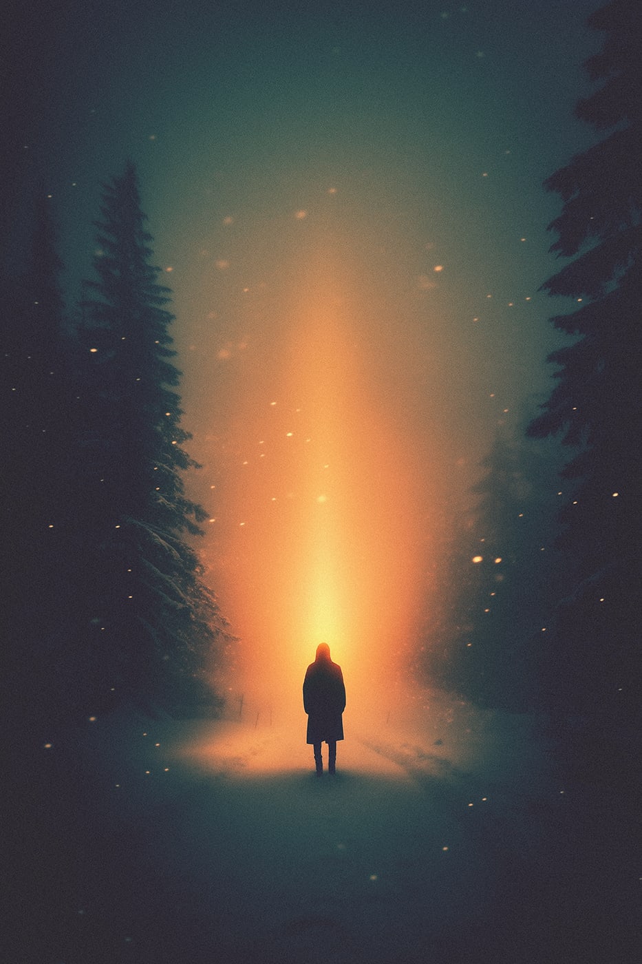 A mysterious silhouette figure alone outside in a cold winter night, walking a snowy path in the spruce forest. A bright, warm, orange light shines through the heavy snow fall. | Wall Art