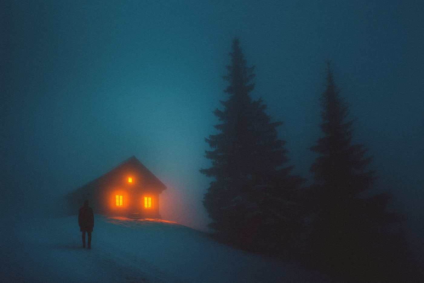 A mysterious lonely person in a cold winter landscape, deep in the snowy mountains, standing in front of a warmly lit small cabin. A quiet retreat from the busy life in the cities. | Wall Art