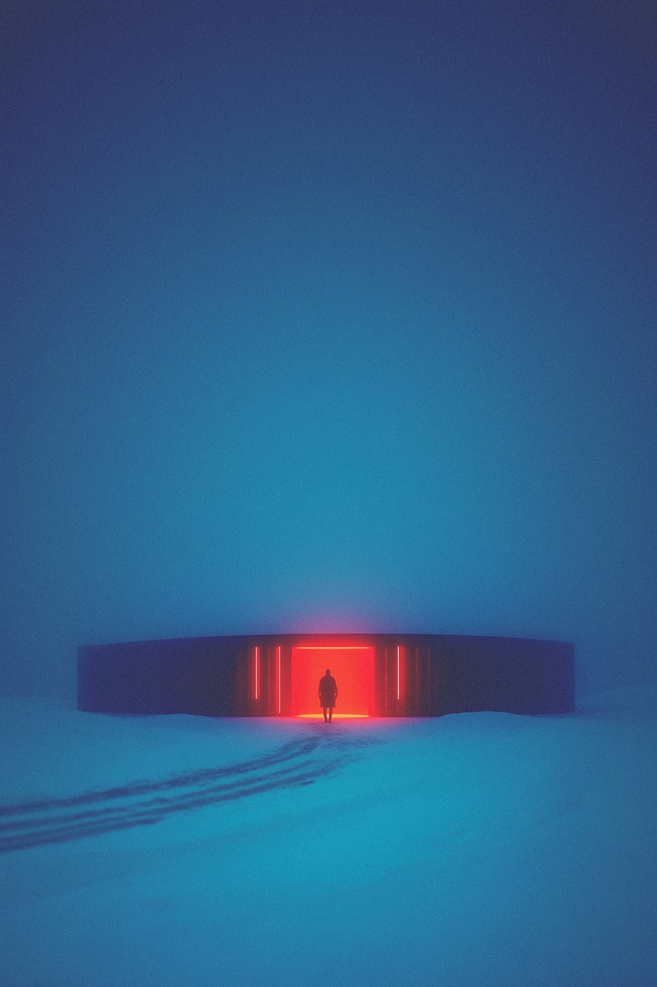 A mysterious lonely person in a vast snow landscape, far away from everything, stepping into an ominous, minimalistic building which emits a vibrant red neon light. | Wall Art