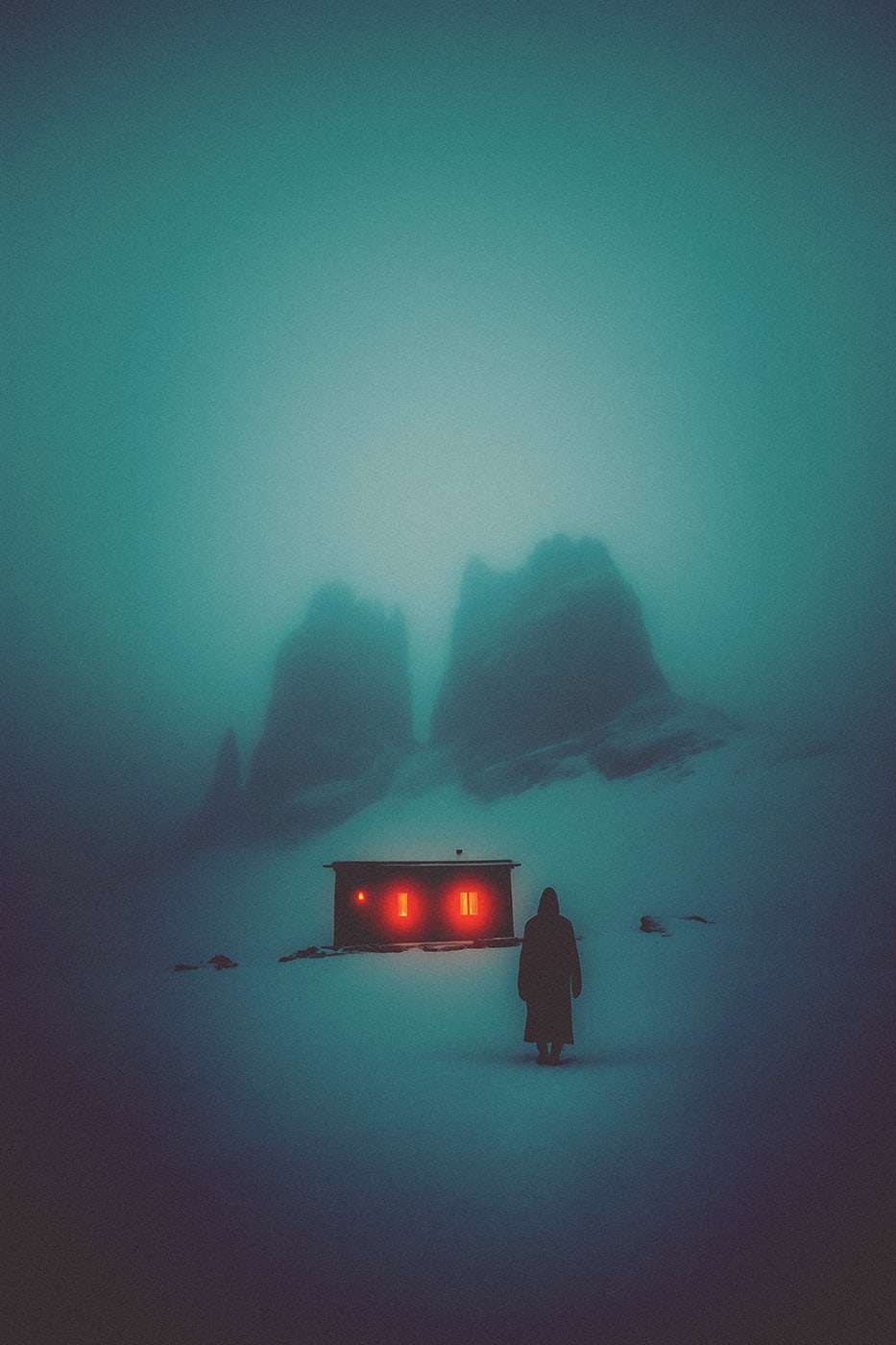 A mysterious person in a vast snow mountain landscape all alone, far away from the civilization, approaching a small, wooden, warmly lit cabin. | Wall Art