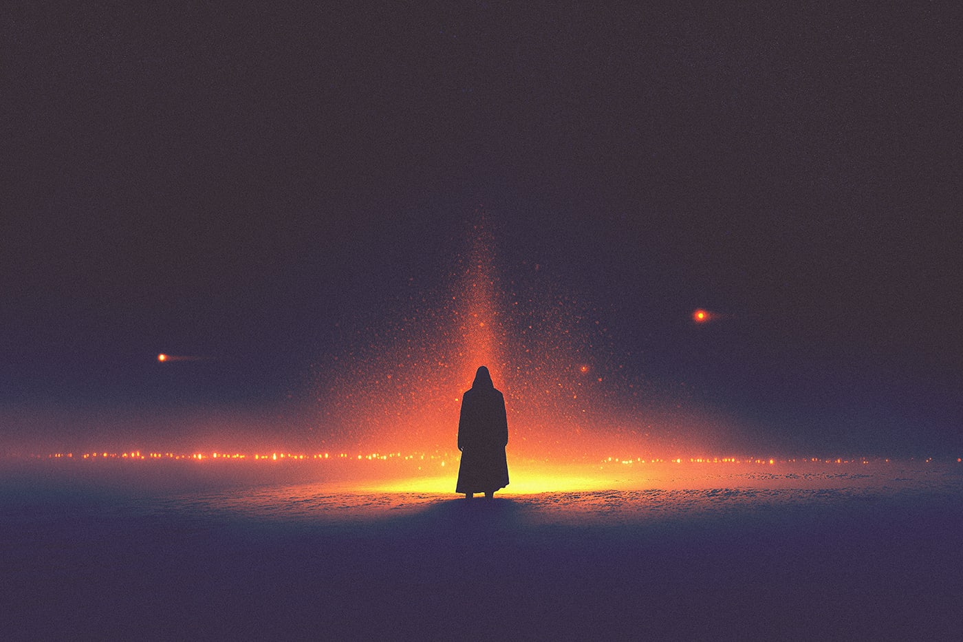 A mysterious hooded person in an empty snow landscape at night, standing in front of a bright fire, with light sparkles on the horizon. | Wall Art