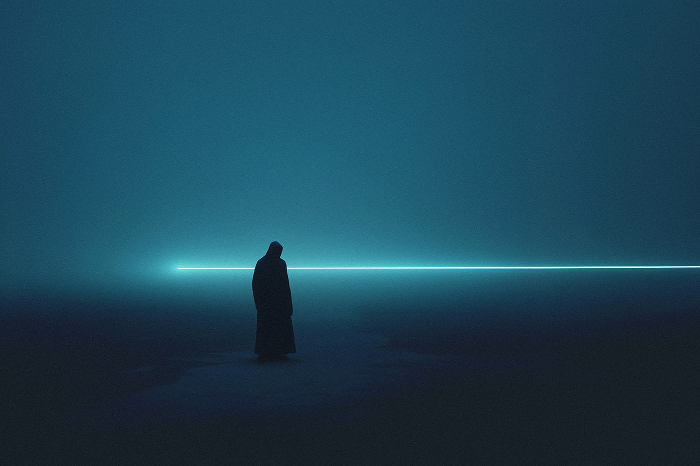 A mysterious hooded person in a void space, all by himself in the darkness. Only a thin cyan strip beam brings light into the nothingness. | Wall Art