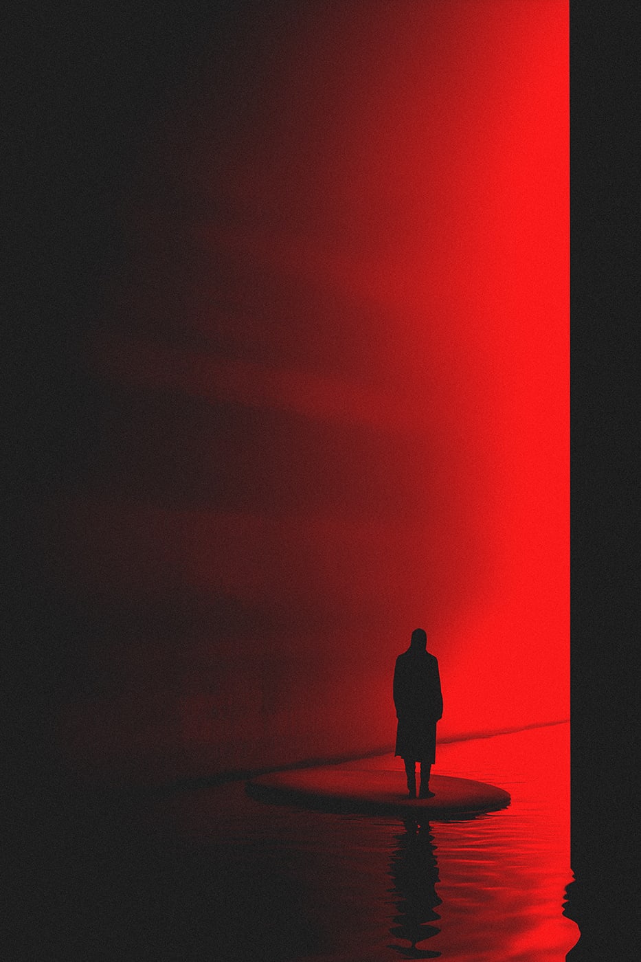 A mysterious hooded person in the harsh, concrete emptiness of an undefined void. The pitch-black darkness is broken by an ominous red light with no recognizable source. | Wall Art