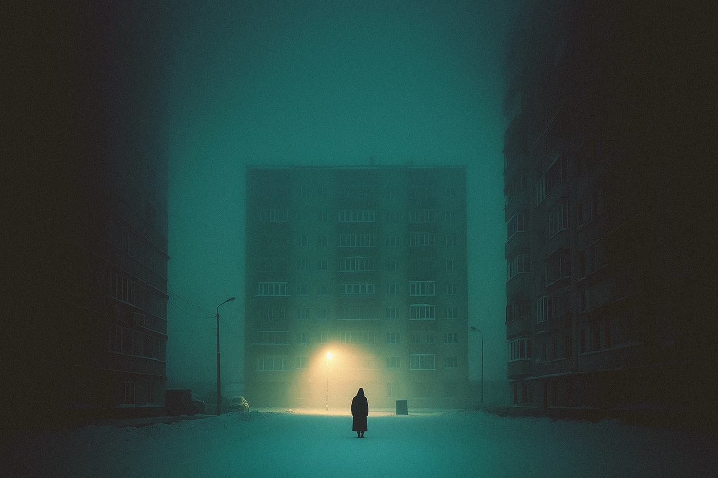 A mysterious hooded person in an empty, concrete, soviet style ghost city. A quiet cinematic winter scene, with a single light adding warmth to the cold, dark scene. | Wall Art