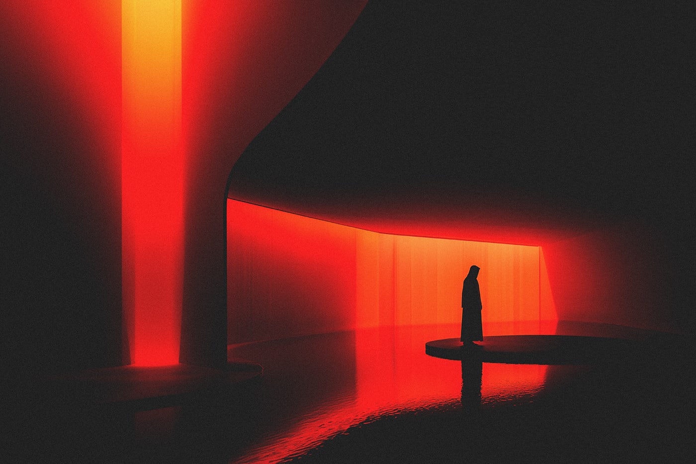 A mysterious hooded person in a neon red, futuristic, concrete building, surrounded by water. The soft light breaks through the dark environment. There is no sign of any other object or person. | Wall Art