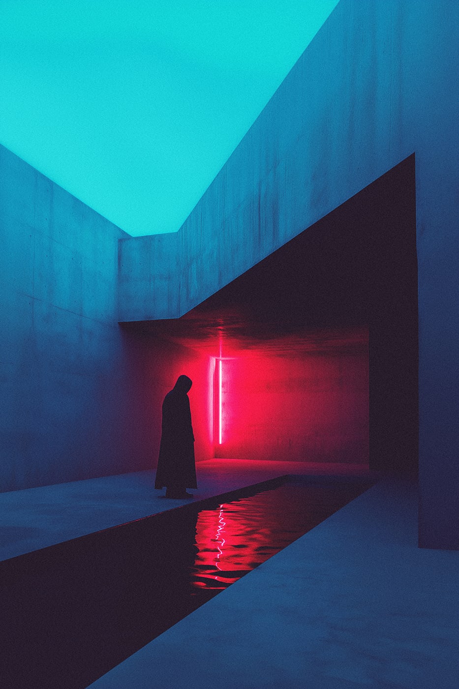 A mysterious hooded person in a minimalist, surreal world, standing at the edge of a water source. The dark blue environment is contrasted by a neon red light. | Wall Art