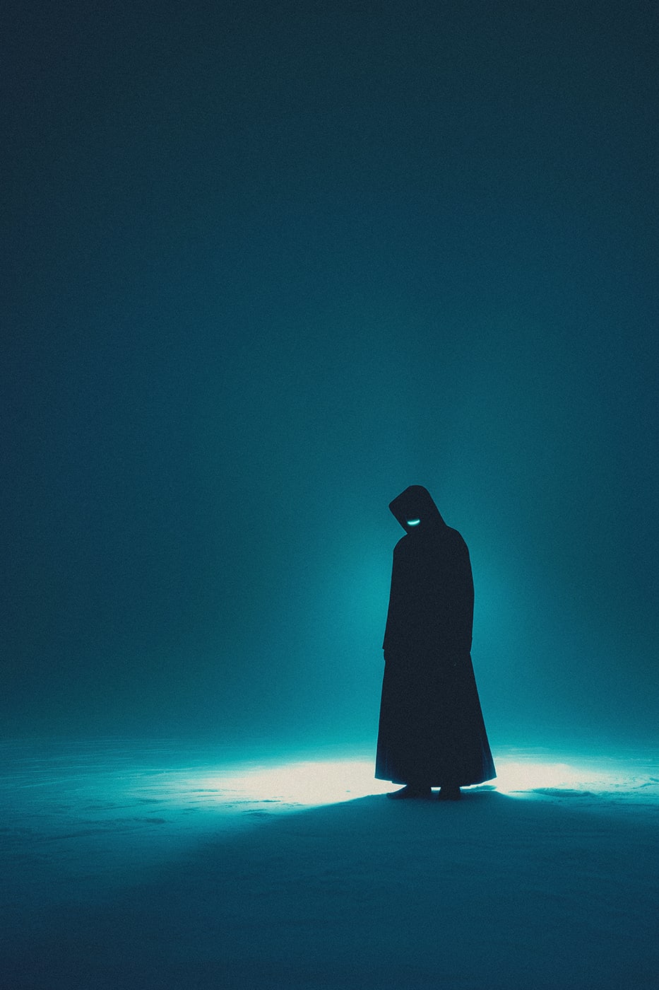 A mysterious hooded person in a cold blue tinted empty environment, with a bright light shining through the darkness. | Wall Art
