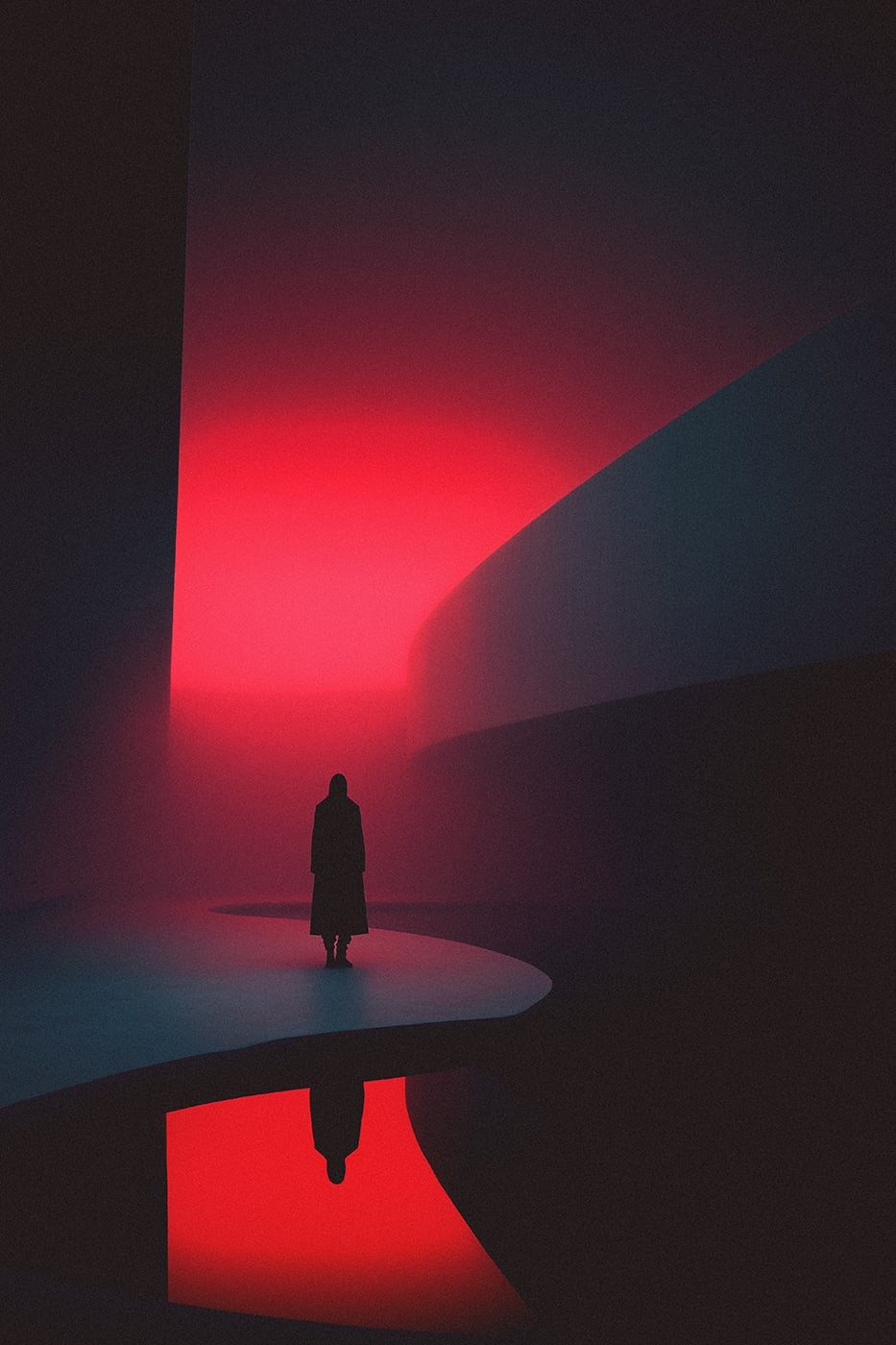 A mysterious hooded person in a surreal, red glowing environment, standing at an ominous water source. Organic architecture, with a thick wall of fog, obstructing the view into the distance. A dark scifi feel. | Wall Art