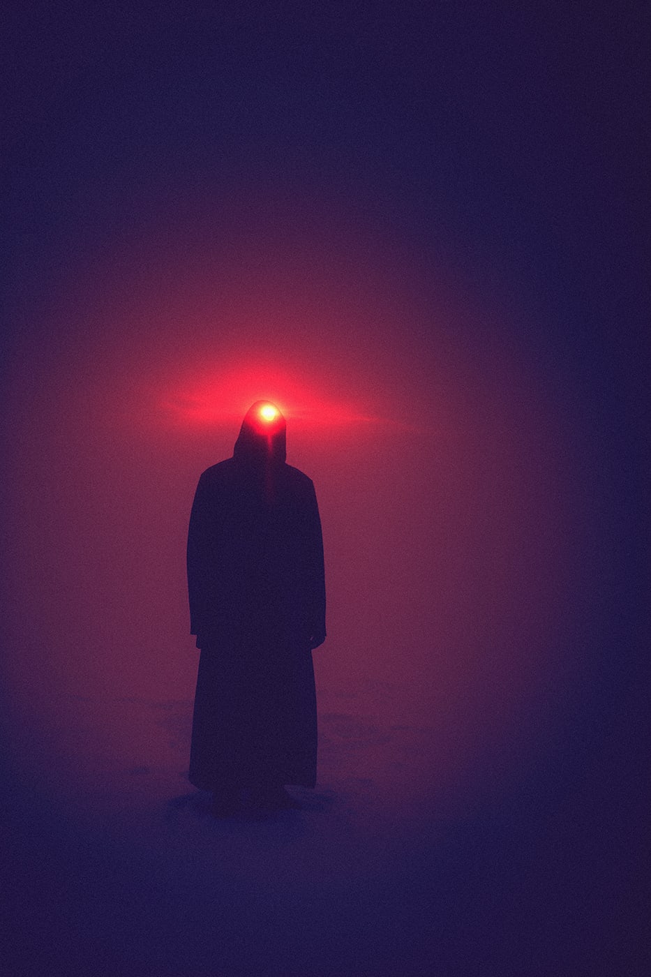A mysterious hooded person in a dark empty environment, all alone, trying to find a way out of the darkness. A bright light on his head is the only light source available. | Wall Art
