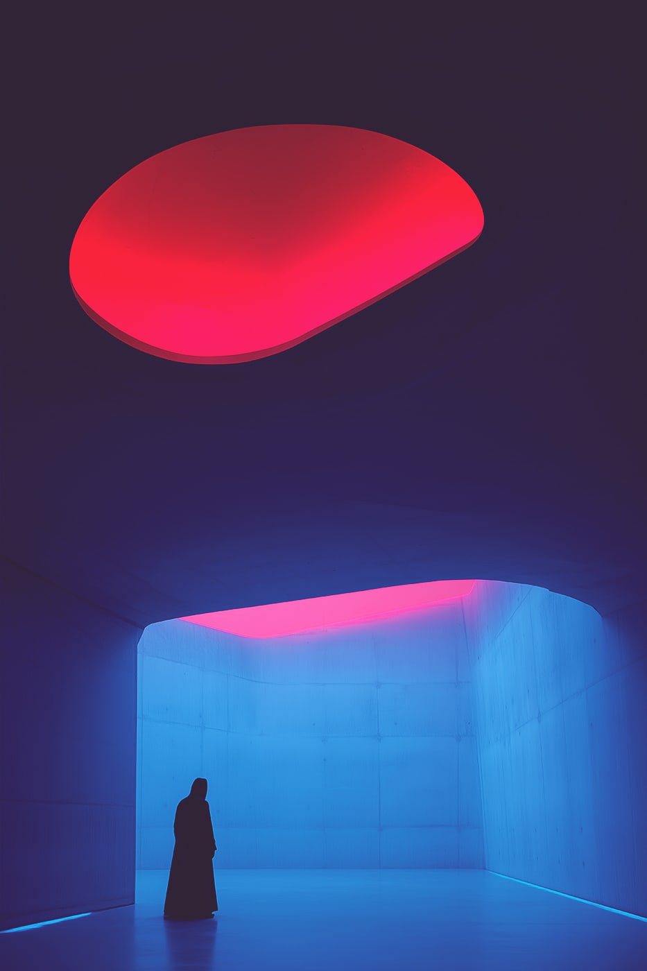 A mysterious hooded person in a futuristic, neon lit, concrete building, all alone, with cyan and magenta light adding a mysterious vibe to the scene. | Wall Art