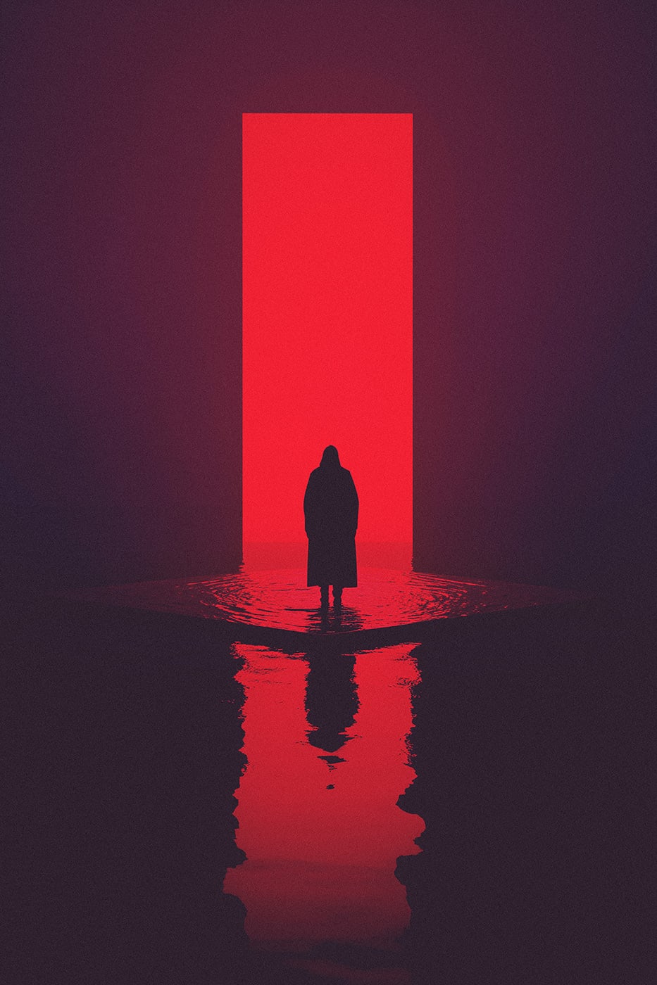 A mysterious hooded person in a surrealistic, dark environment, approaching a magenta neon light, through a water surface. | Wall Art