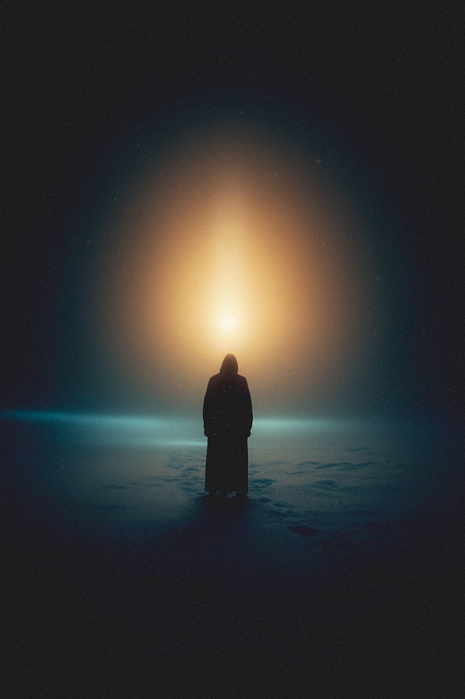 A mysterious hooded person in a nightly snow winter landscape, wandering through the pitch black darkness, approaching a bright, warm light. | Wall Art