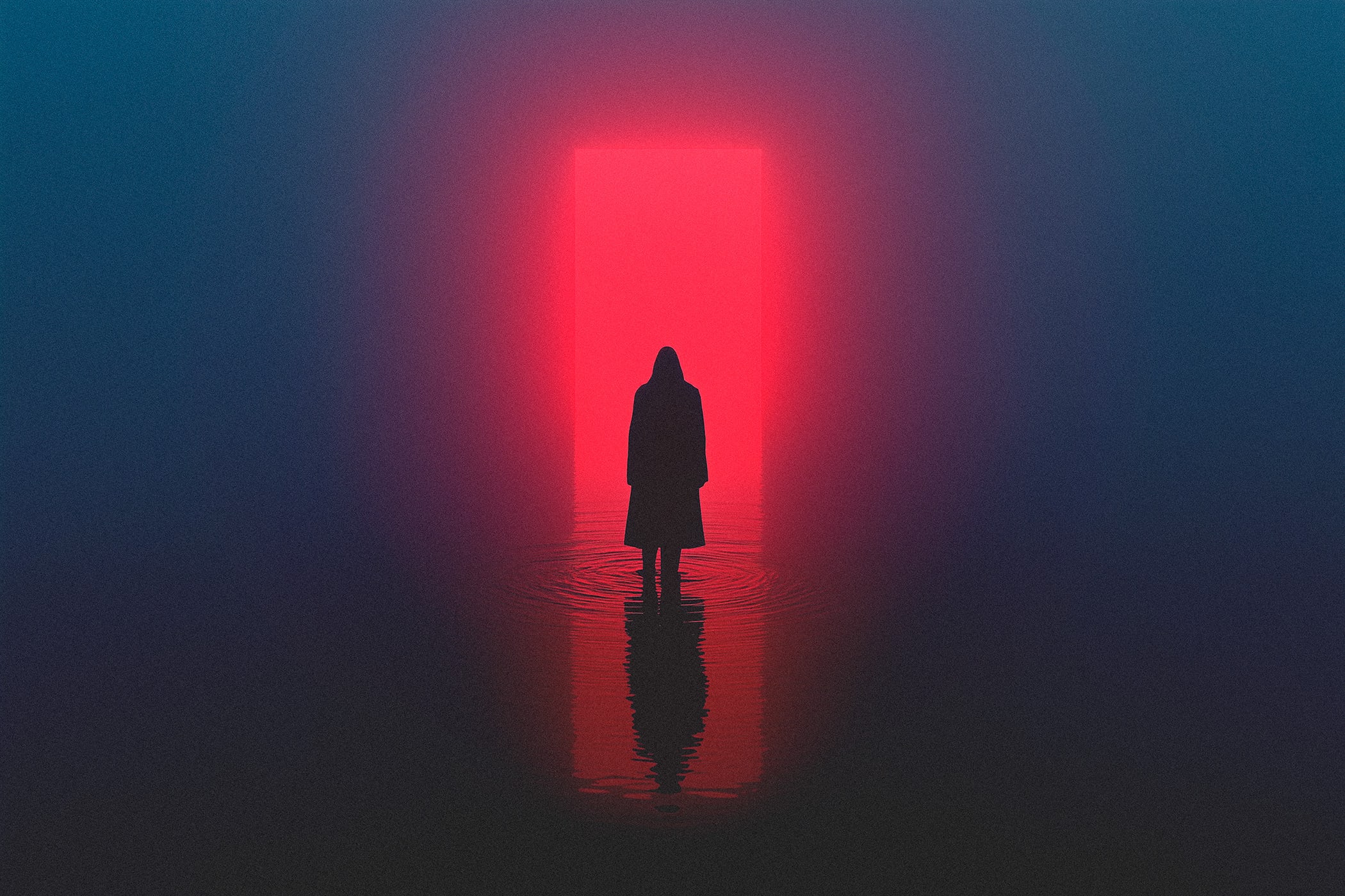 A mysterious hooded person in a surrealist, scifi setting. A bright magenta neon light shining on the silhouette and the ripples of an unknown water source. | Wall Art