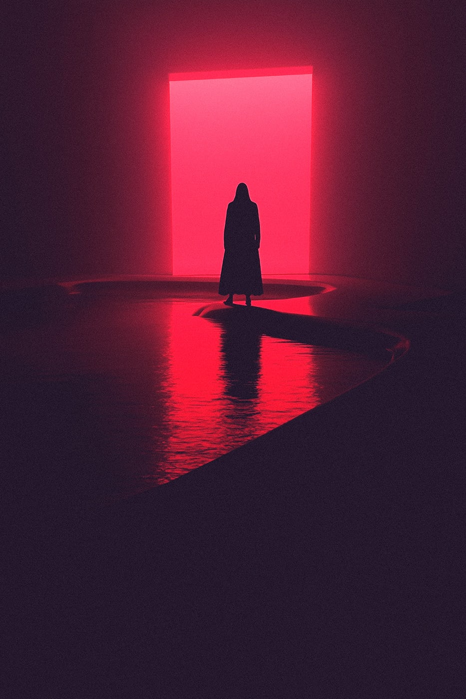 A mysterious hooded person in a dark, scifi room, the only light coming from a door behind the person. It's a bright, neon, magenta light flooding the scene. | Wall Art