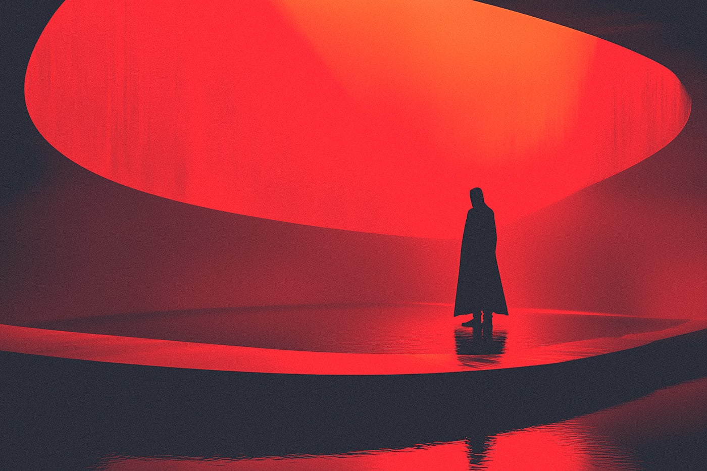 A mysterious hooded persons silhouette standing on an undefined liquid surface in a surrealist, sci-fi room, completely immersed in red light. | Wall Art