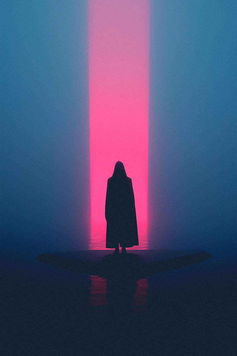 A mysterious hooded person in a surrealist, scifi void environment, a dark room with an undefined liquid, a neon magenta light strip shining from the back. | Wall Art